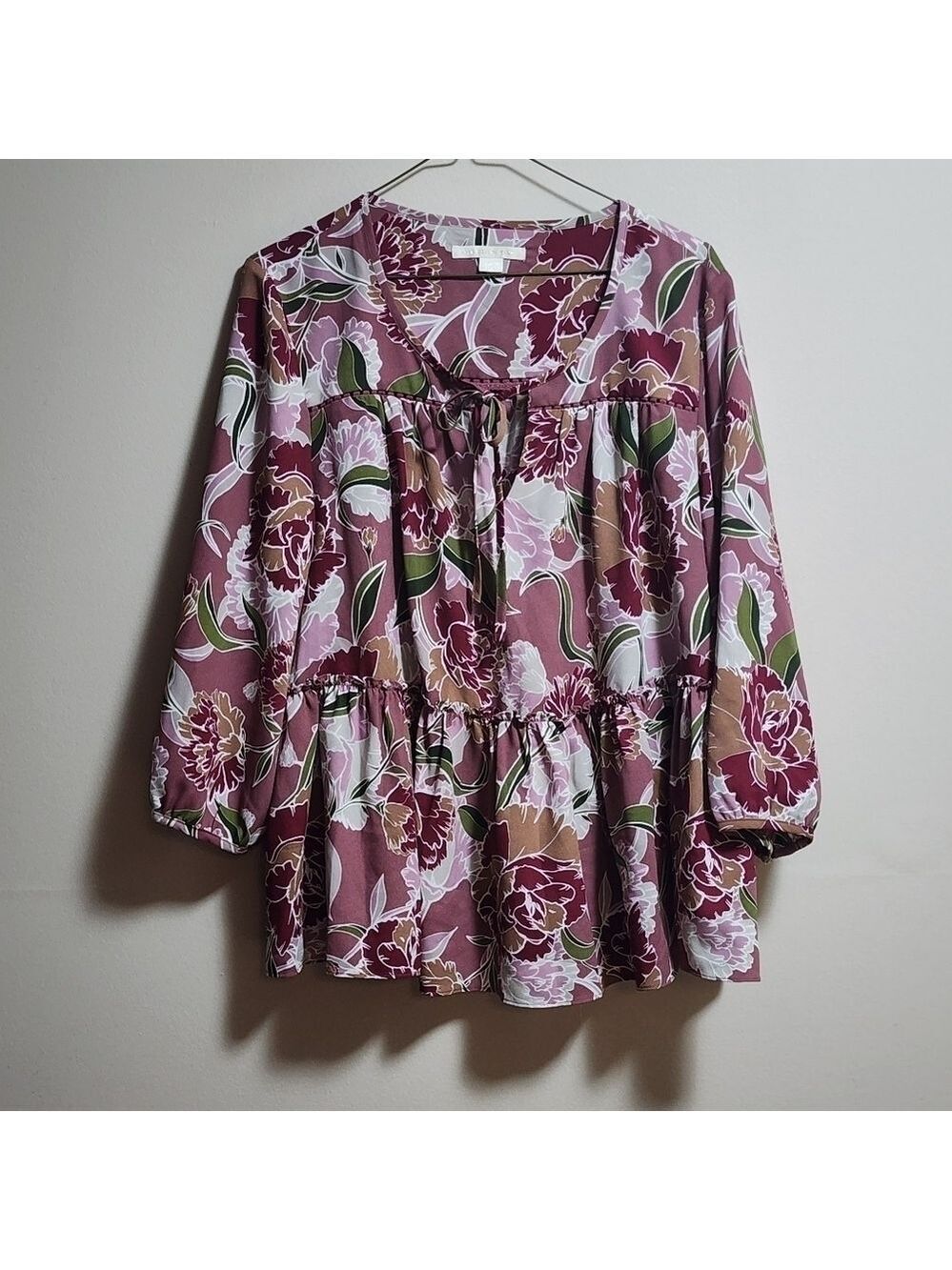 Cooper & ella peplum floral blouse color burgundy size Large